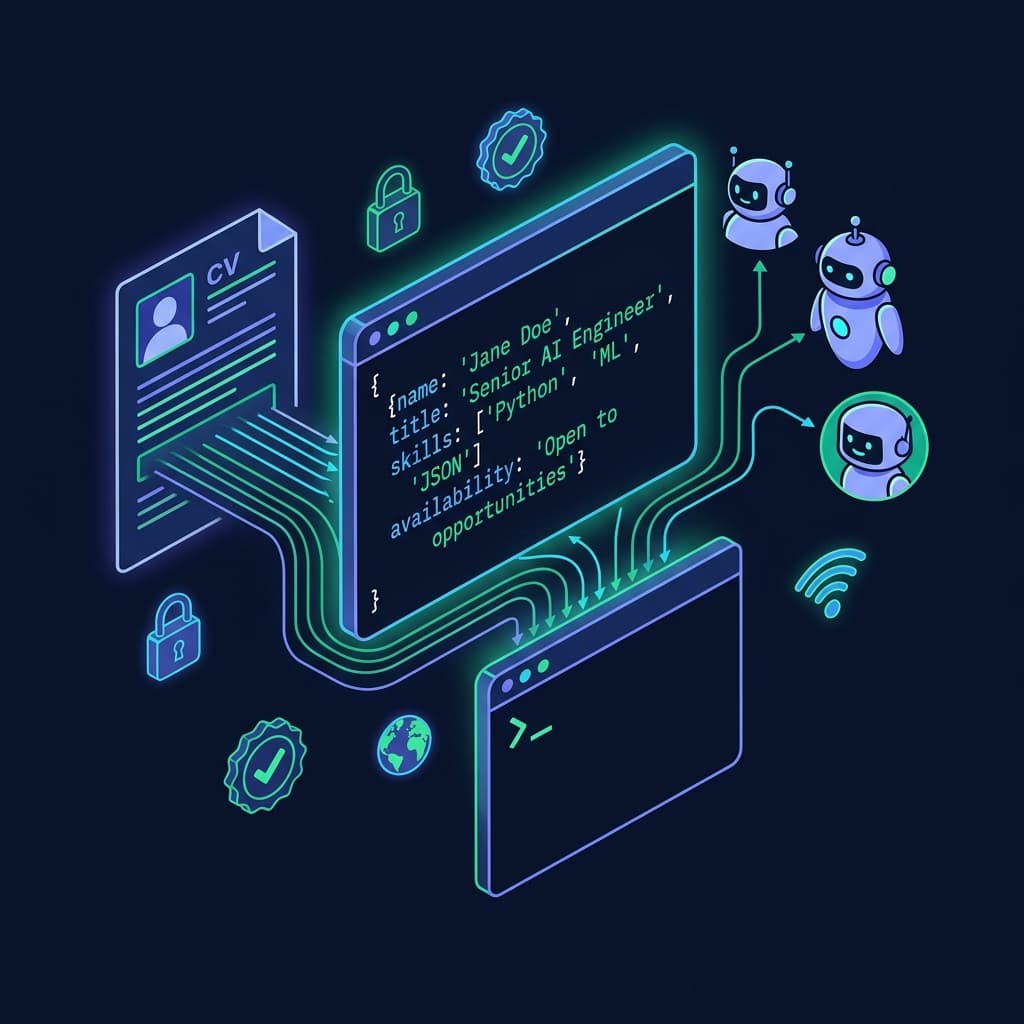 cv.json Open Standard, JSON career data flowing from a CV to AI recruiting agents