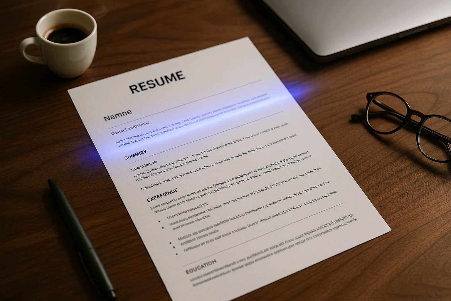 Can Employers Tell If You Used AI On Your Resume, editorial photograph of a printed resume on a wood desk being scanned by a blue light beam, with coffee cup, fountain pen and reading glasses