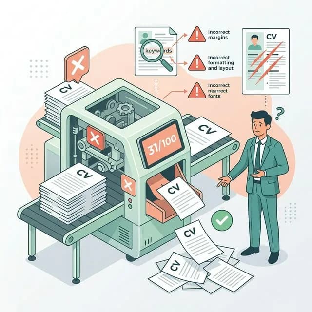ATS Rejection Guide, CV being scanned and filtered by automated software before reaching a human recruiter
