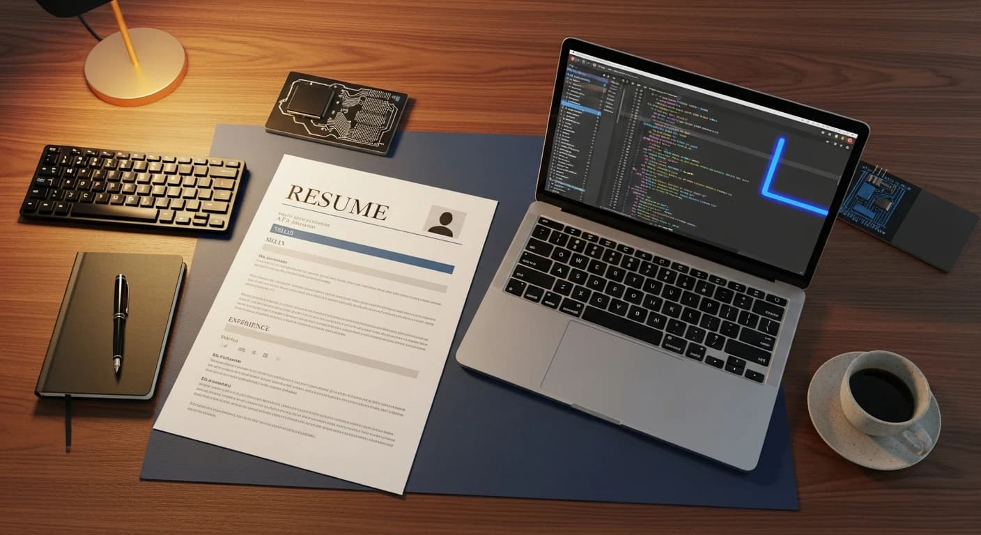 ATS-optimized resume templates for AI and tech roles 2026, editorial overhead photograph of a clean single-column tech resume on a walnut desk next to a laptop showing a code editor, mechanical keyboard, espresso cup and small circuit-board paperweight