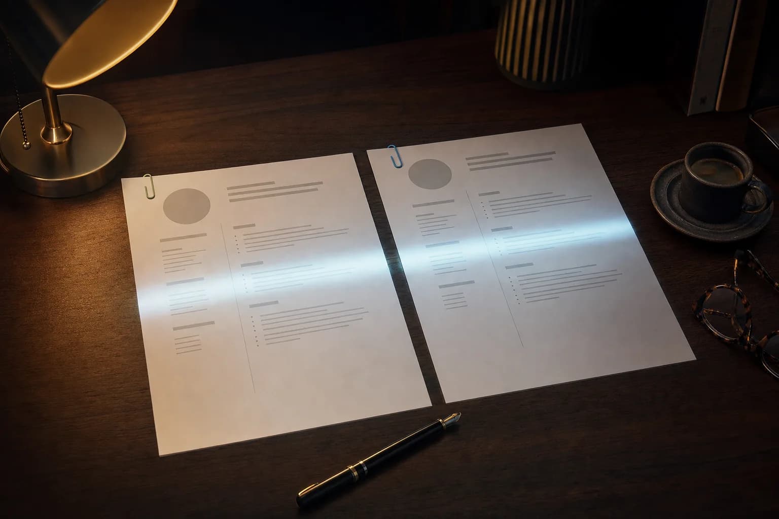 ChatGPT vs Gemini for resumes, editorial photograph of two printed resumes side by side on a walnut desk under one band of cool blue scanning light, one held by a green clip and one by a blue clip, with a fountain pen, espresso and reading glasses