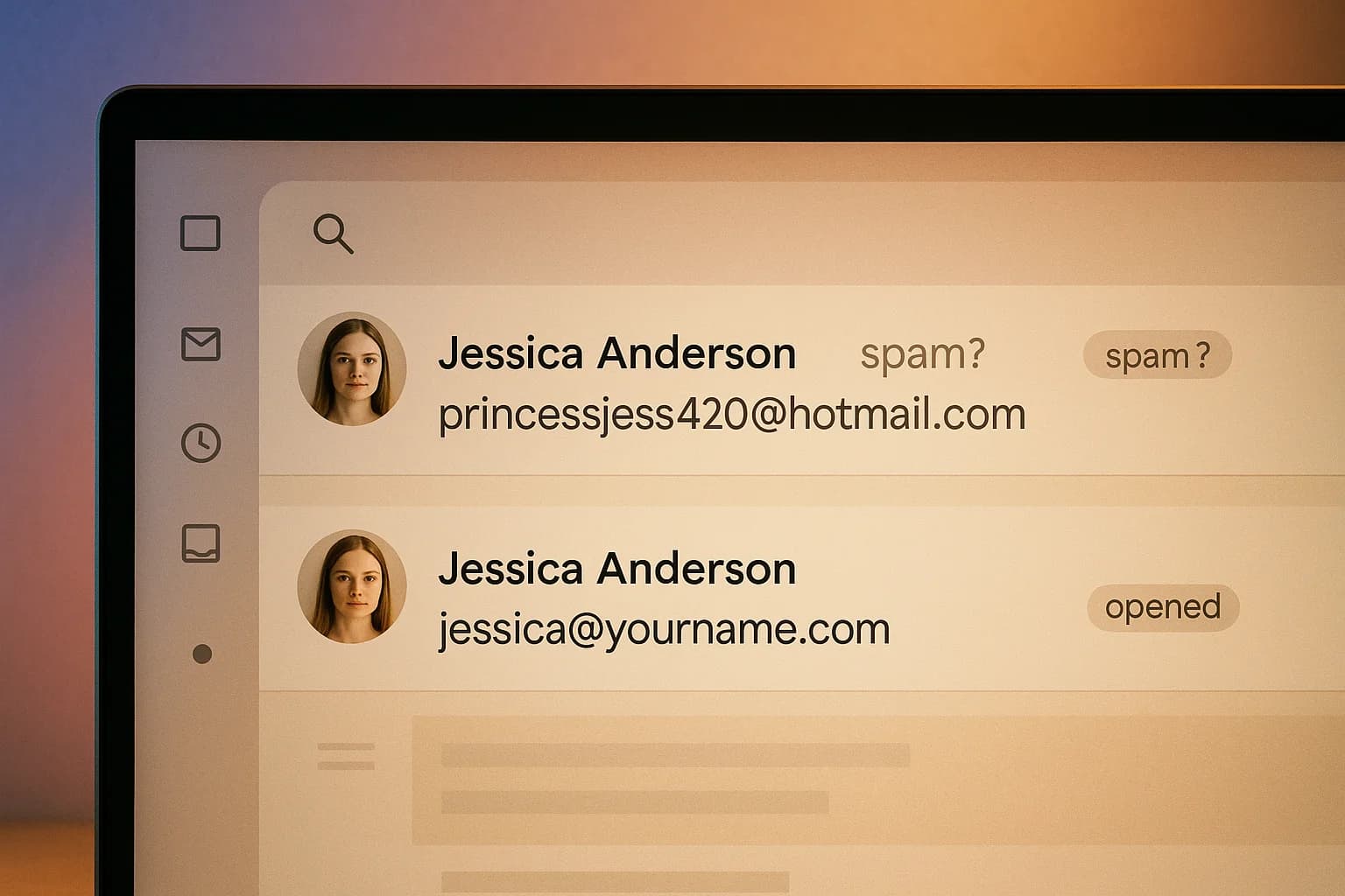 How to get a custom email domain in 2026, editorial photograph of a recruiter inbox showing two CV emails side by side, one from a casual hotmail address and one from a clean professional custom domain