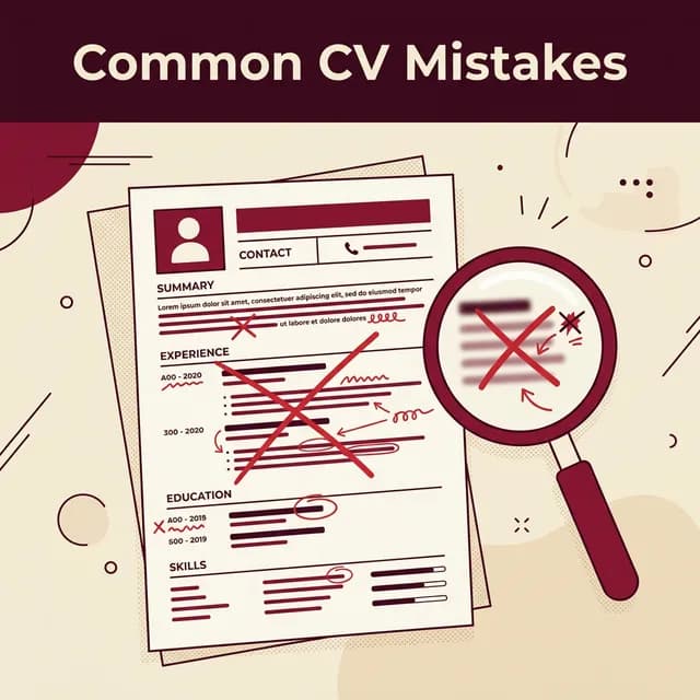 Common CV Mistakes, Document with red correction marks and magnifying glass