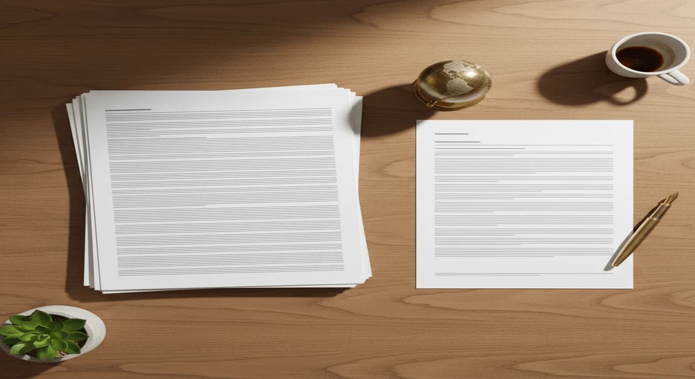 CV vs Resume, multi-page CV stack on the left next to a single-page resume on the right with a vintage globe paperweight between them on a walnut desk