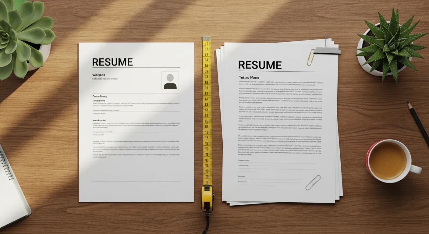 How long should a resume be in 2026, editorial overhead photograph of one-page and two-page resume printouts side by side on a wood desk with a measuring tape, fountain pen, succulent and espresso