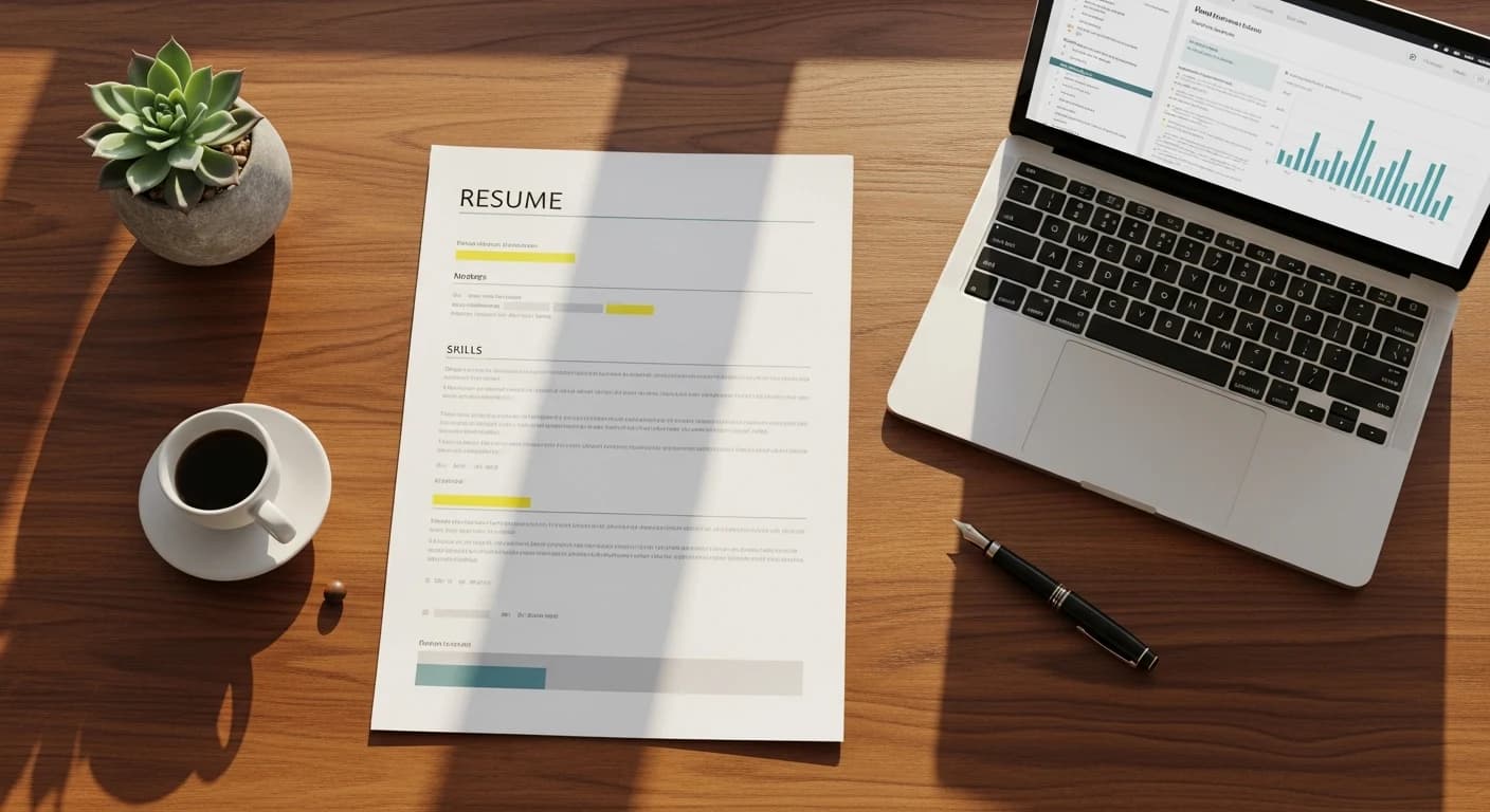 How to show AI skills on your resume in 2026, editorial overhead photograph of a professional resume with AI skills highlighted, laptop showing a clean data dashboard, espresso cup, fountain pen and small succulent on a warm wooden desk