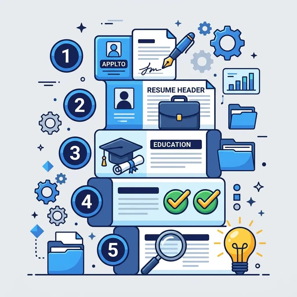 How to Write a CV Guide, Step by step CV construction with numbered steps and career icons