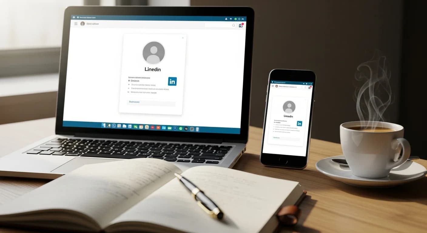 LinkedIn headline examples 2026, editorial photograph of a laptop screen showing a stylized professional profile with clean headline area, a smartphone, leather notebook, fountain pen, and espresso cup on a wood desk