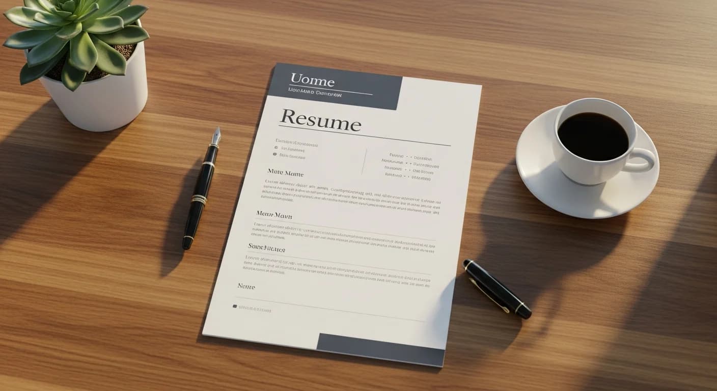 One page resume template 2026, editorial overhead photograph of a single perfectly designed one-page resume on a clean wood desk with a fountain pen, succulent, and espresso cup in soft golden hour lighting