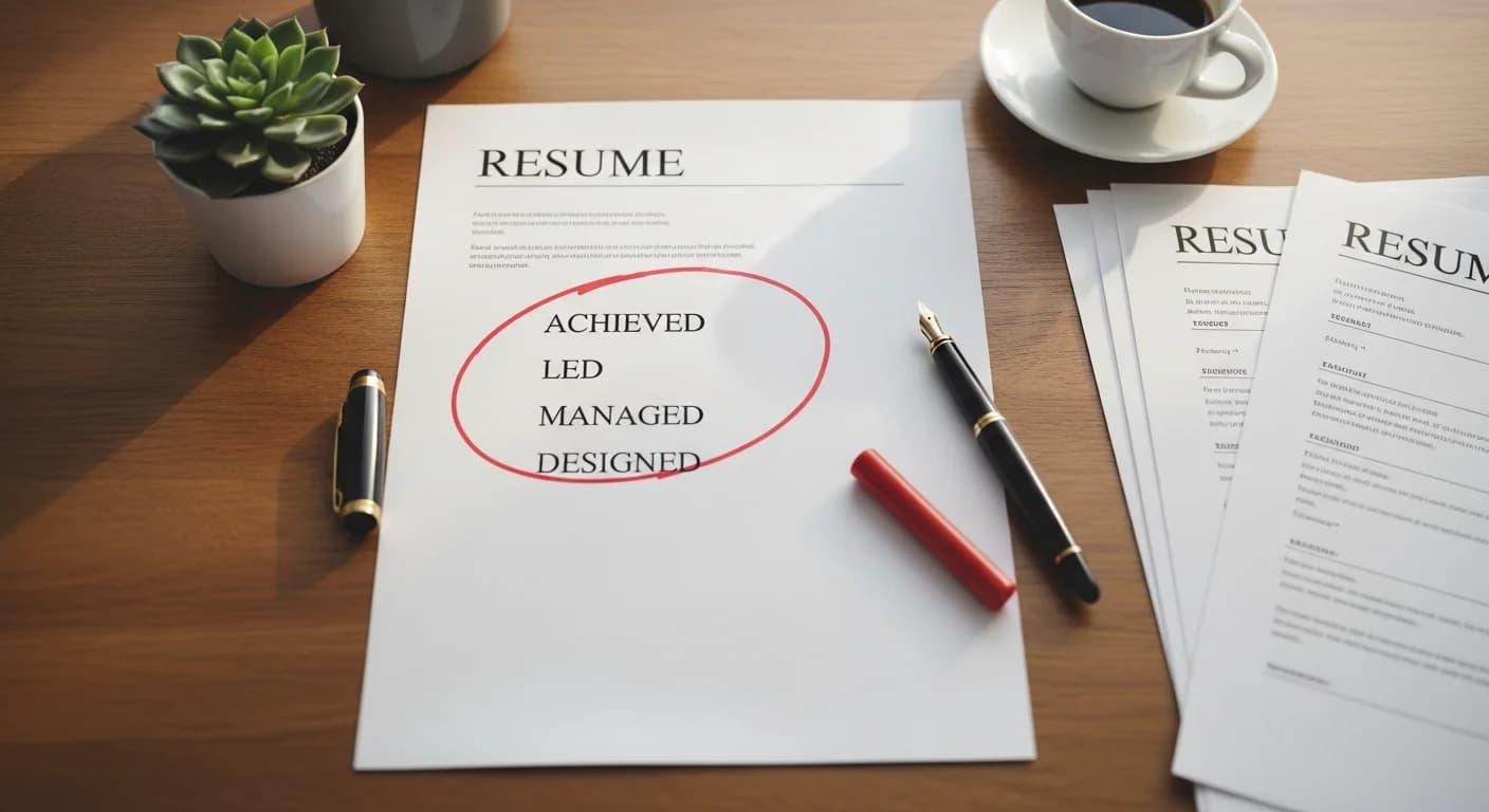 Resume action verbs 2026, editorial overhead photograph of a printed resume on a wood desk with strong action words circled in red ink, a red marker and fountain pen, and a stack of resumes pushed aside
