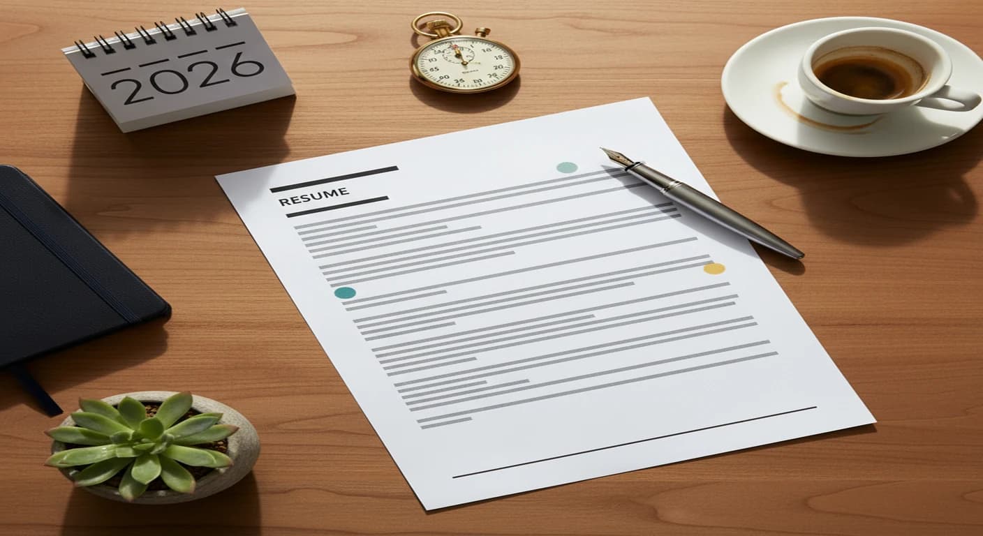 Resume trends 2026, editorial overhead photograph of a modern single-column resume on a walnut desk with a 2026 desk calendar, brass stopwatch suggesting the 30-minute upgrade theme, fountain pen, leather notebook, succulent and espresso cup