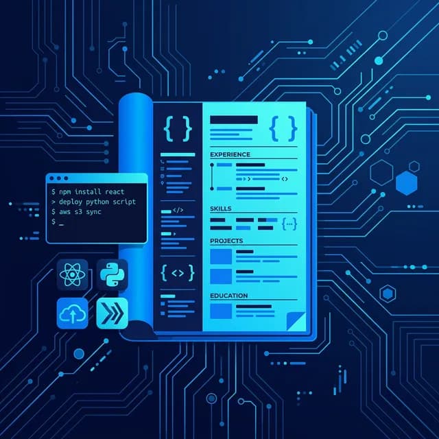 Tech CV Guide, Developer CV with code brackets and tech stack icons