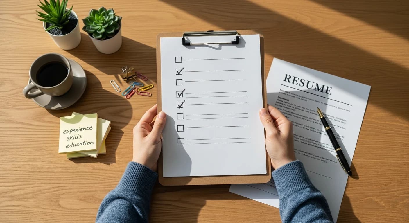 What to put on a resume in 2026, editorial photograph of hands holding a checklist clipboard over a printed resume with section labels on sticky notes, a fountain pen, an espresso cup and a succulent on a wood desk