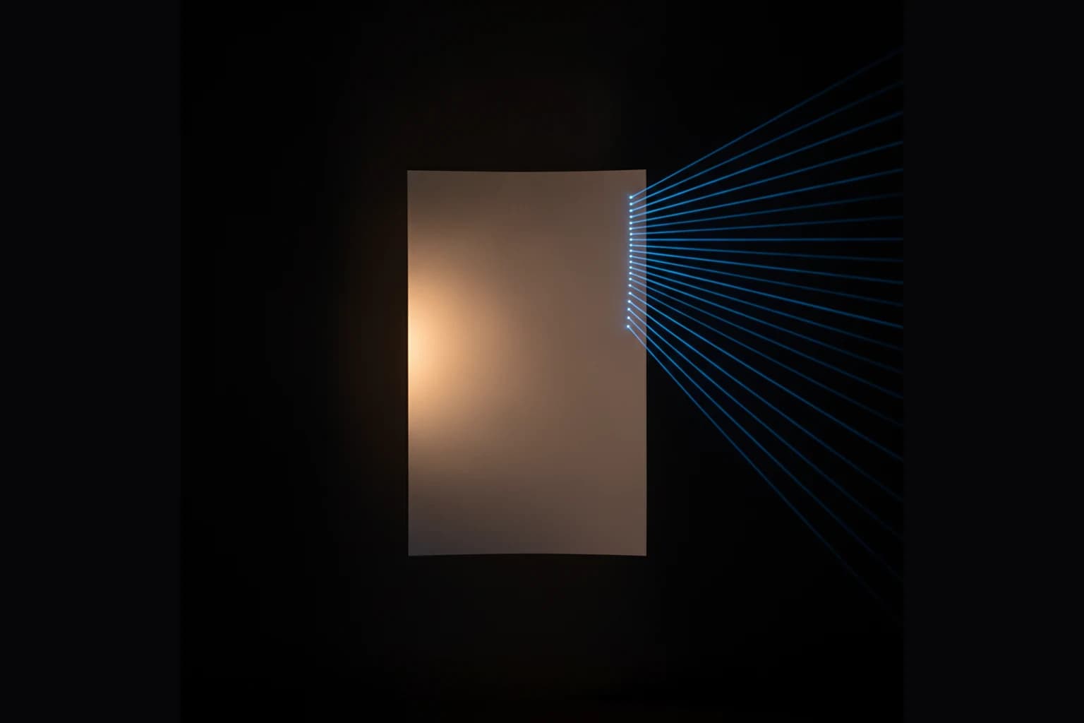 Which AI bots read your CV, minimal studio photograph of a single blank sheet of paper floating in a dark void, lit from the left by one warm amber lamp and raked from the right by a wide fan of many cold cyan scanning beams