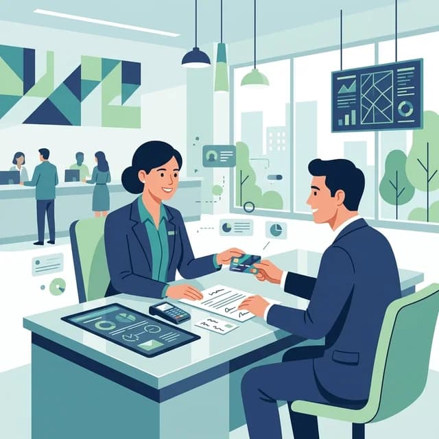 Banking Officer CV Example, relationship officer helping a client at a bank desk