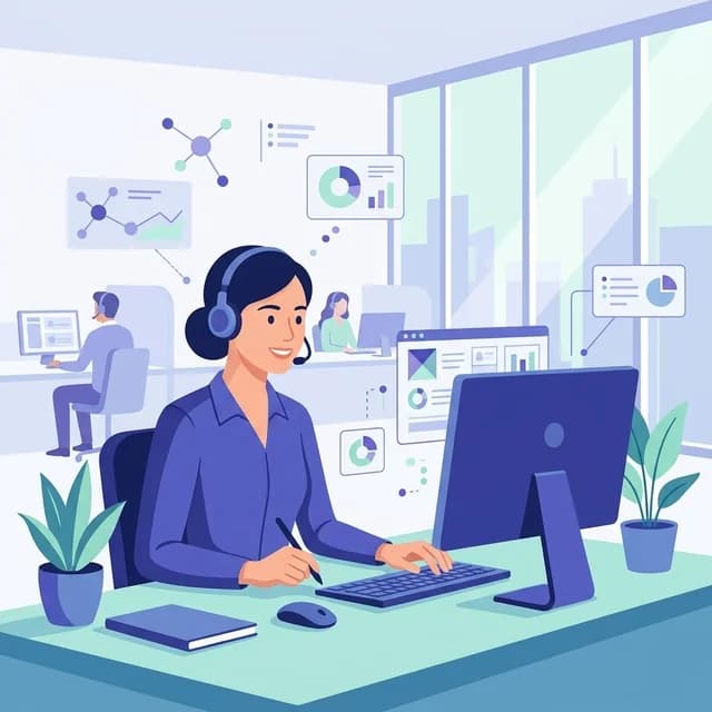 Call Center Agent CV Example, agent with a headset at a customer service desk
