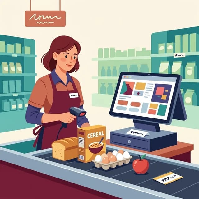 Cashier CV Example, cashier at a supermarket checkout scanning groceries
