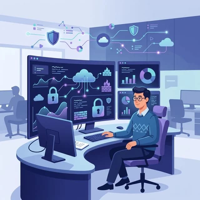 Cloud Security Engineer CV Example, engineer with a cloud security dashboard and shields