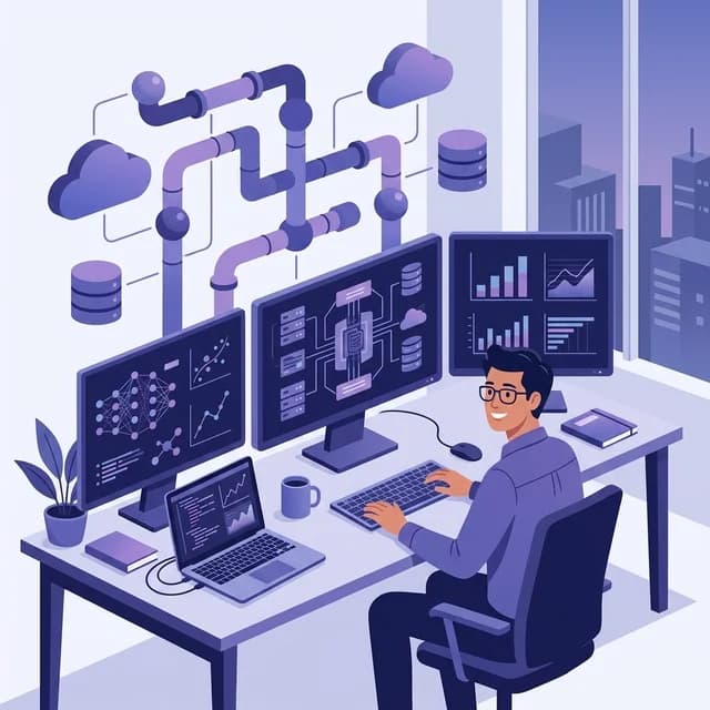 Data Engineer CV Example, engineer building data pipelines on multiple monitors