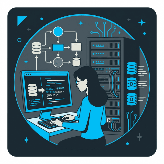 Database Administrator CV Example — DBA at server rack with SQL queries