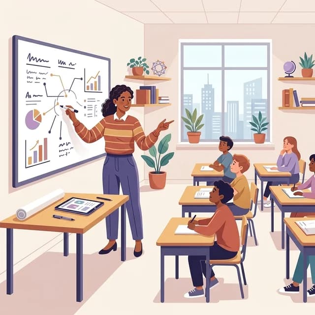 English Teacher CV Example, teacher at a whiteboard in a classroom