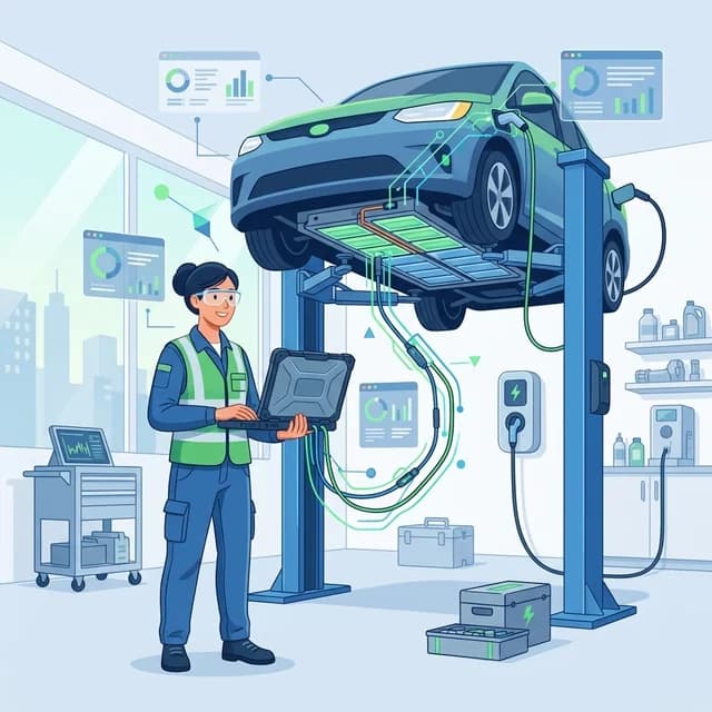 EV Technician CV Example, technician diagnosing an electric car battery in a workshop
