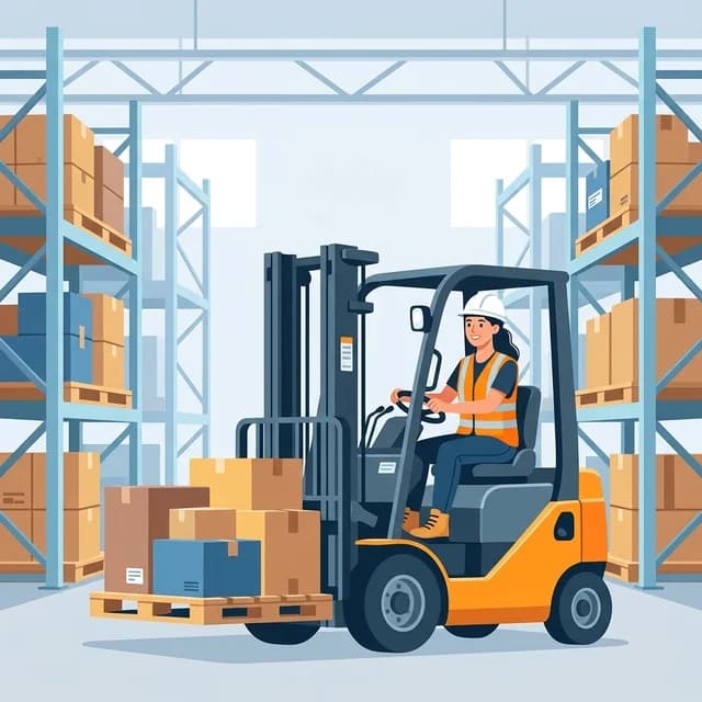 Forklift Operator CV Example, operator lifting a pallet in a logistics warehouse