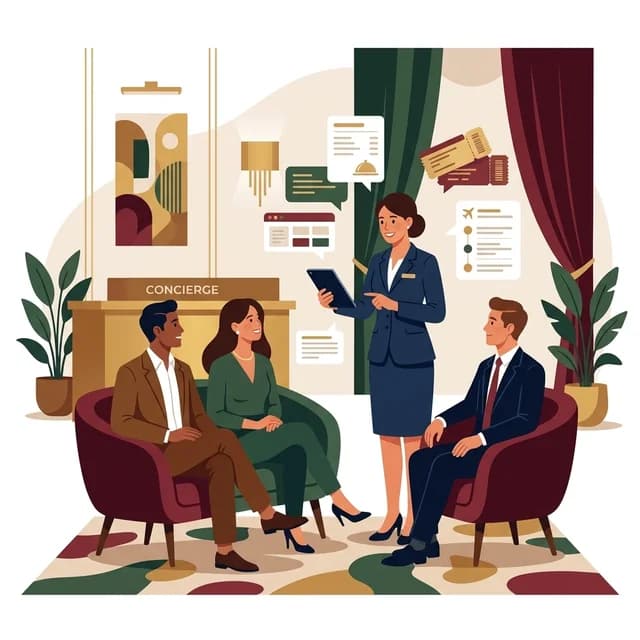 Guest Relations Officer CV Example, host assisting guests in a luxury hotel lobby