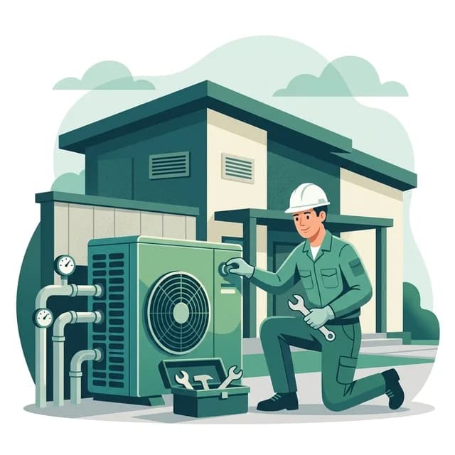 Heat Pump Engineer CV Example, engineer servicing an air-source heat pump outside a house