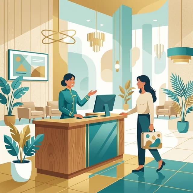 Hotel Receptionist CV Example, front desk agent welcoming a guest at reception