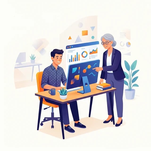 Jovem Aprendiz CV Example, a young first jobber learning at an office desk with a mentor