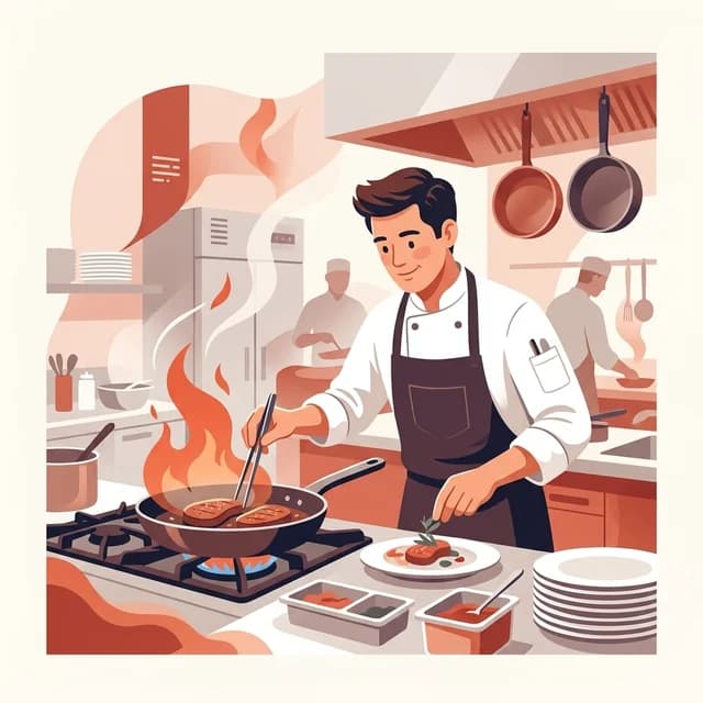 Line Cook CV Example, cook plating a dish on a busy restaurant kitchen line