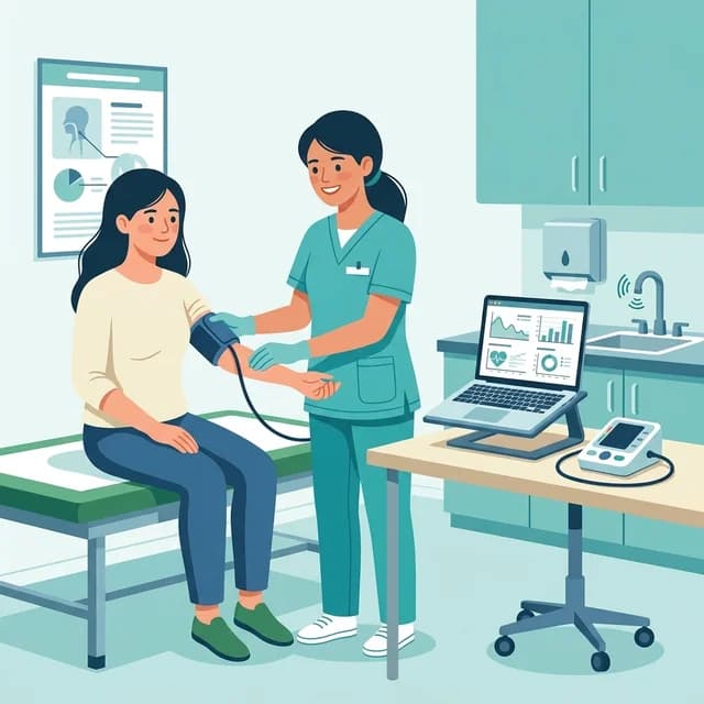 Medical Assistant CV Example, assistant taking a patient blood pressure in a clinic