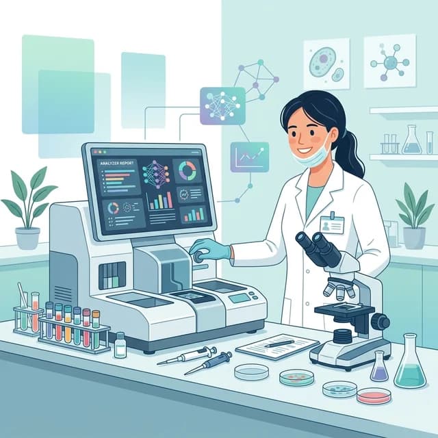 Medical Lab Technologist CV Example, lab technologist with a microscope and analyzers
