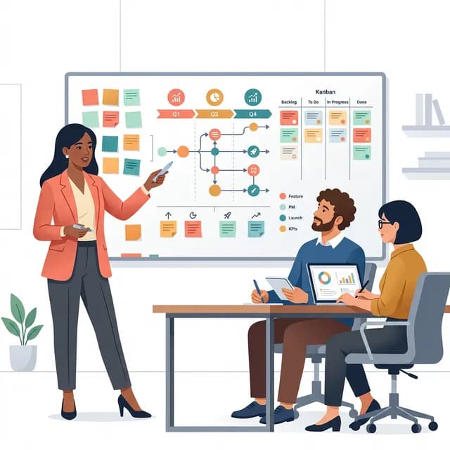 Product Manager CV Example — PM leading team with roadmap and kanban board