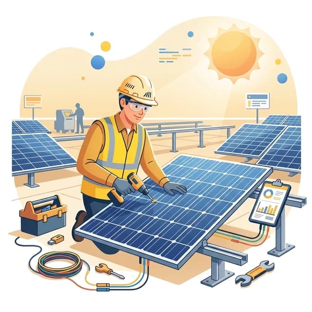 Solar Installer CV Example, technician mounting solar panels on a sunny solar farm