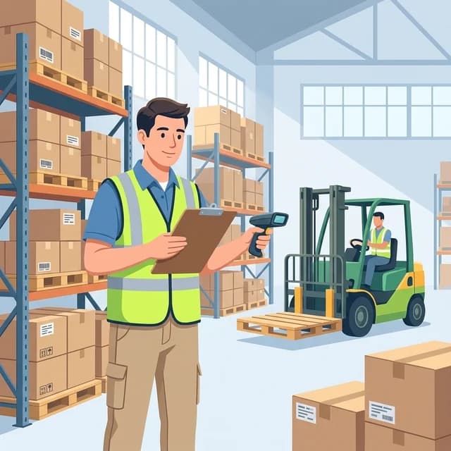 Storekeeper CV Example, warehouse storekeeper with a scanner among stock racks