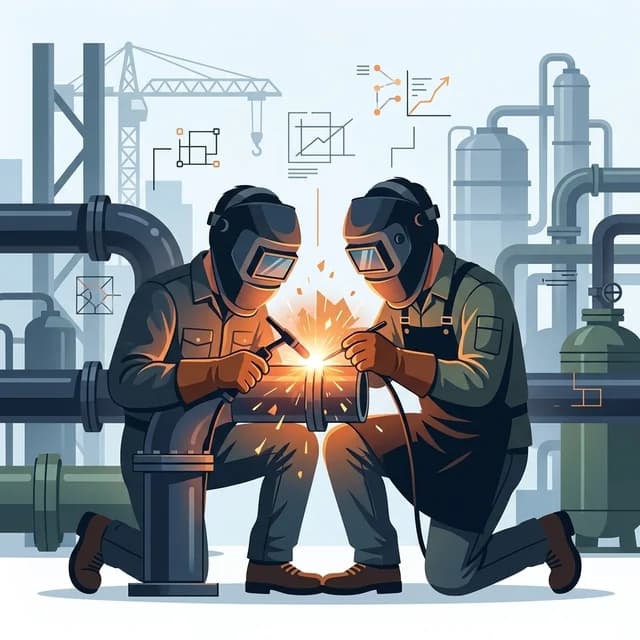 Welder CV Example, pipe welder in PPE welding a steel joint with sparks