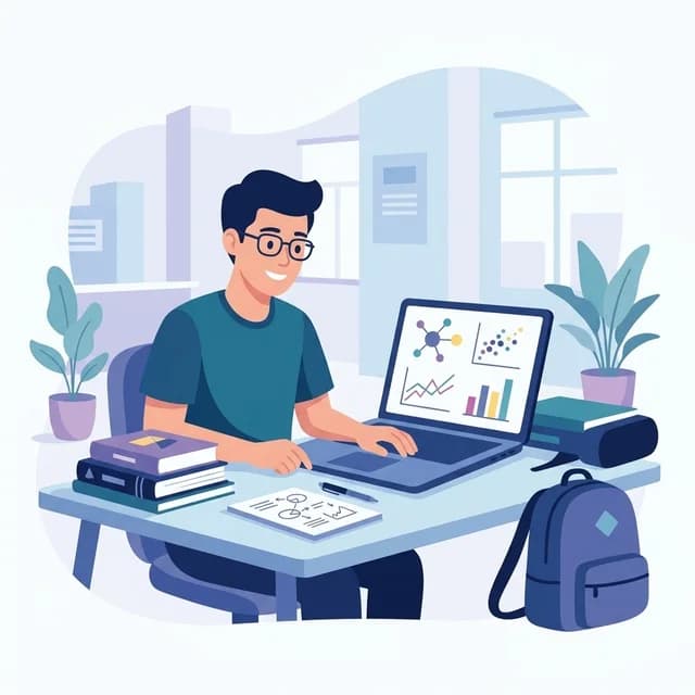 Werkstudent CV Example, a working student with a laptop and books at a desk