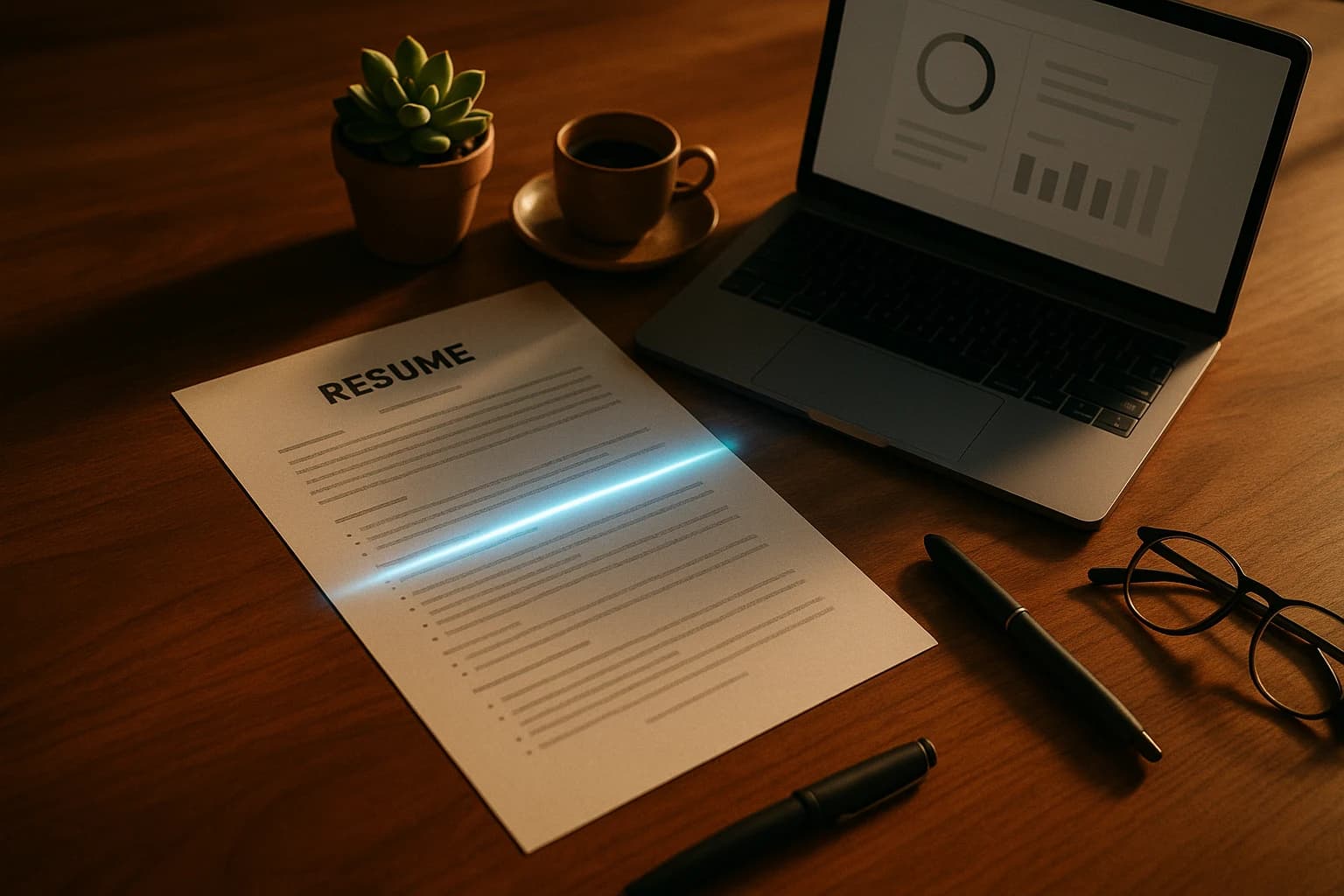 How to beat AI resume screeners in 2026, editorial photograph of a printed resume on a walnut desk scanned by a soft blue light beam next to a laptop showing a match score gauge, with espresso, fountain pen and reading glasses