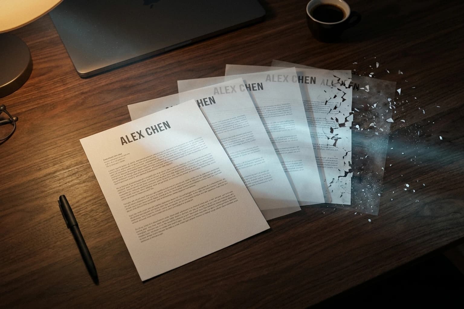 Can AI actually read your CV, editorial photograph of one printed CV on a walnut desk with four translucent copies layered behind it, each progressively fragmenting into paper shards under a cool blue scanning light, with espresso, pen and reading glasses