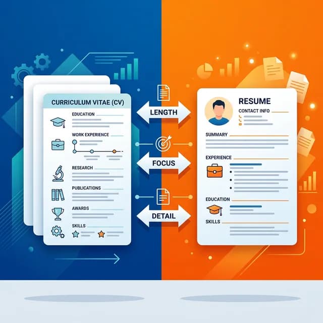 CV vs Resume — Two documents side by side with comparison arrows