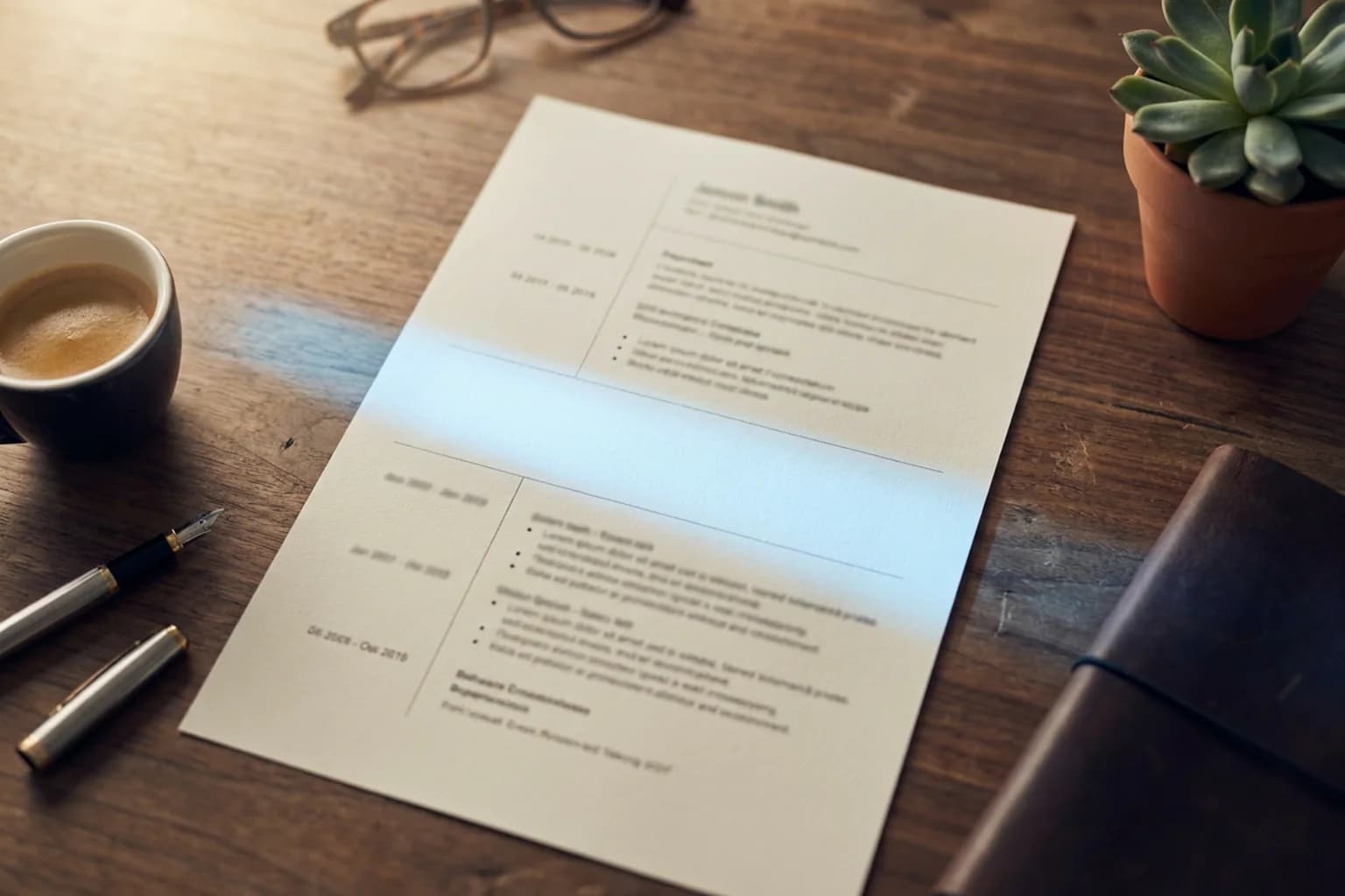 Employment gap on your CV, editorial photograph of a printed CV on a walnut desk with one blank stretch in the employment timeline lit by a cool blue scanning beam, beside an espresso, fountain pens, reading glasses and a small succulent