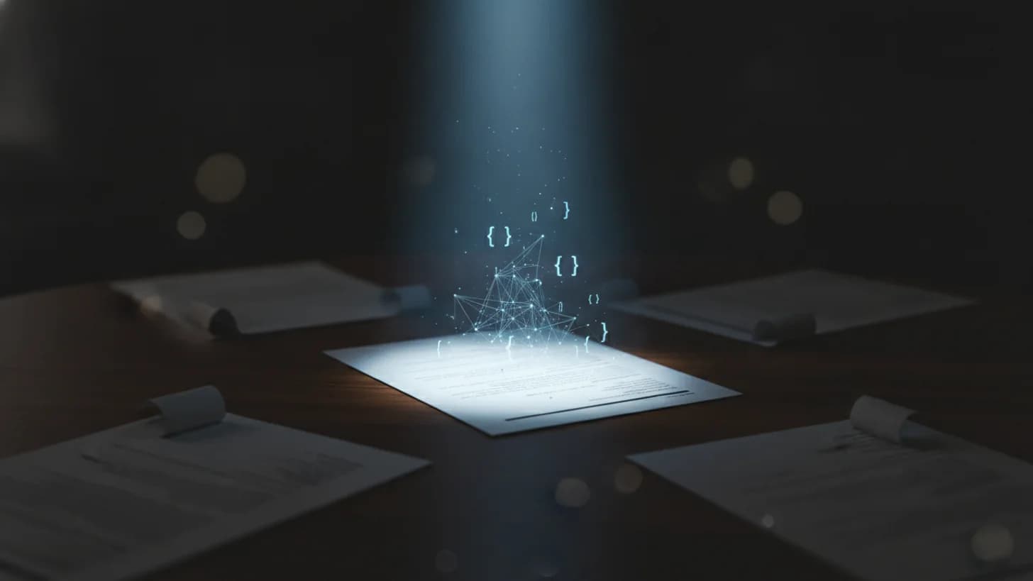 How to Get Found by AI Recruiters, one resume lit by a beam of light among others with machine-readable cv.json data rising from it