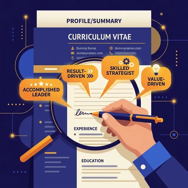 Professional Summary Guide — CV zoomed into profile section with pen