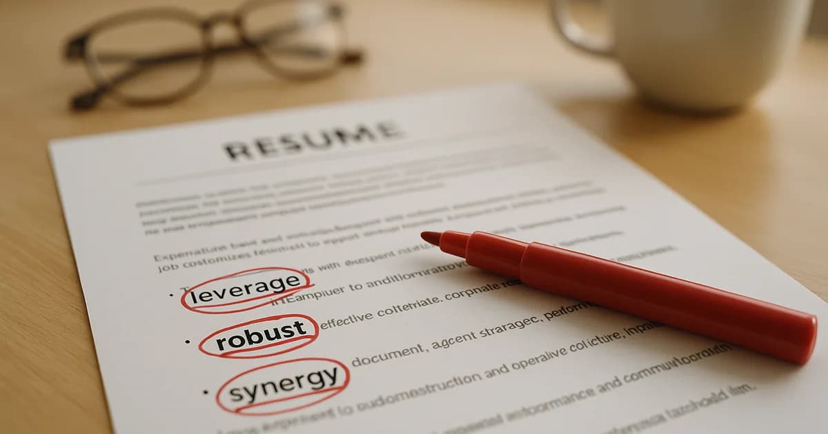 A printed resume on a wood desk with the words leverage, robust and synergy circled in red pen, illustrating the words that make a resume look AI written