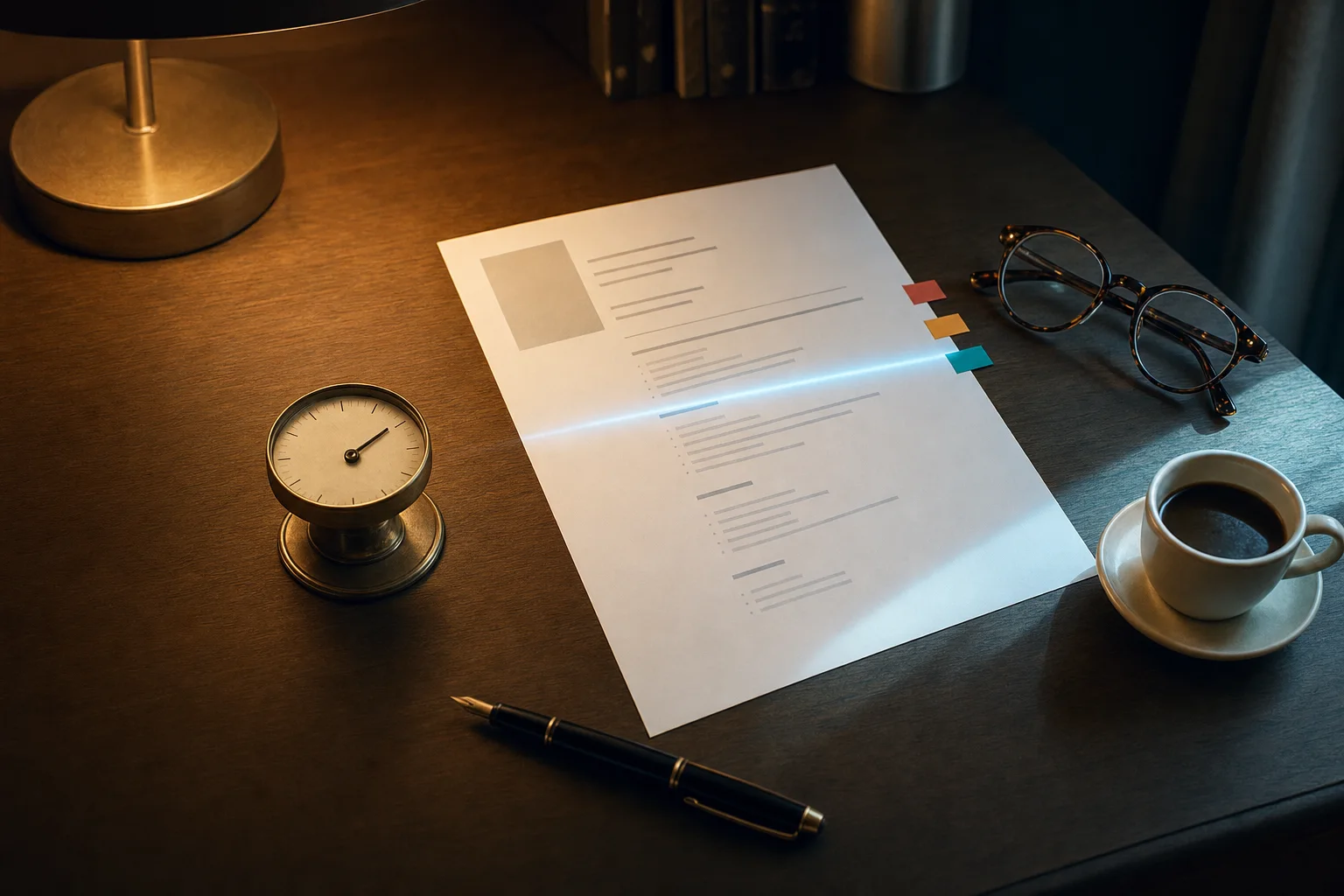 A printed CV on a walnut desk crossed by a band of blue scanning light, with three coloured tabs marking lines on the page, beside a small brass gauge with an unlabelled dial, a fountain pen, reading glasses and an espresso