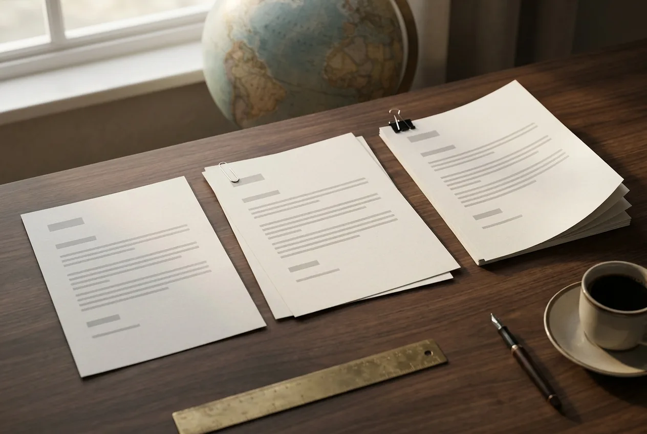 Three printed CVs of different lengths on a walnut desk, one single sheet, two sheets held by a paper clip and a thicker set held by a binder clip, with a brass ruler, a fountain pen, a cup of black coffee and a desk globe behind them